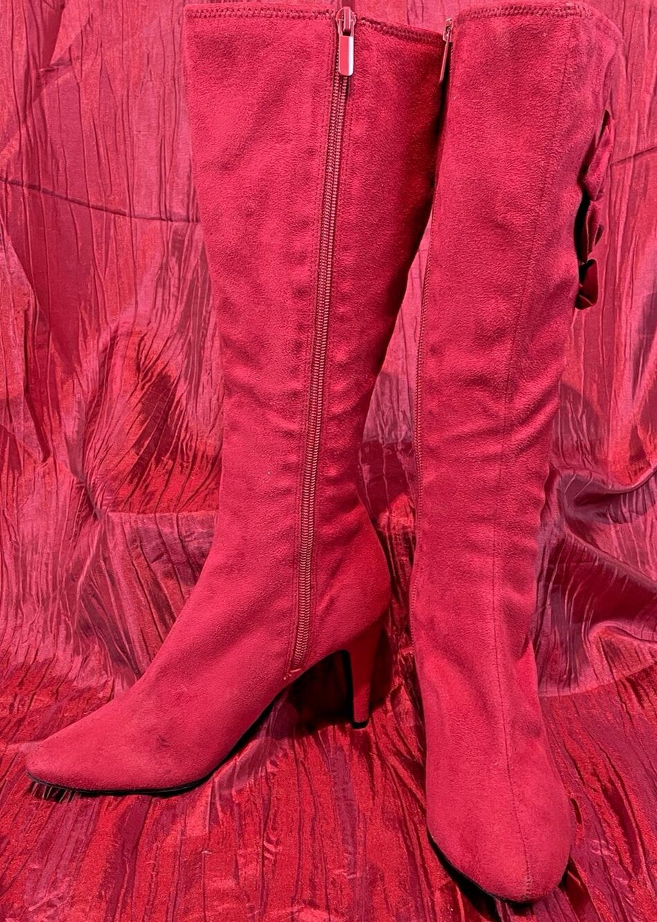 Womens Velvet Heart "Red Rose" Red Velvet 3.5" Heel Tall Boots sz 6M